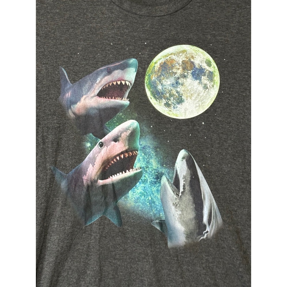 Mens Medium T-Shirt Gray Sharks Howling At The Moon Space Graphic Print
